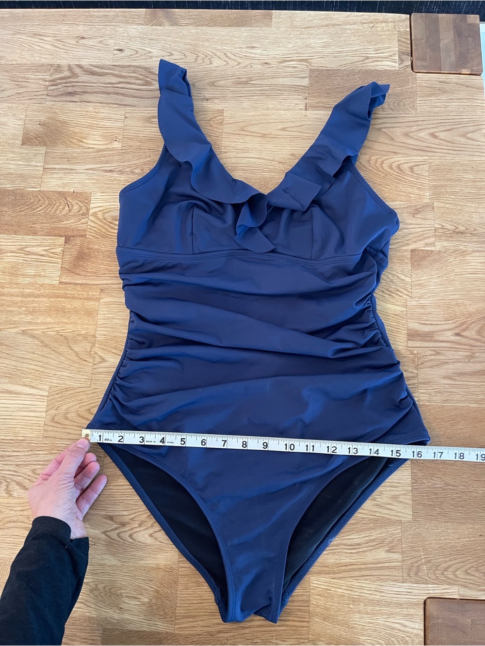 CUPSHE One Piece V Neck Swim Suit, Adjustable Straps, Ruffles, Rouching, Navy - Picture 8 of 9